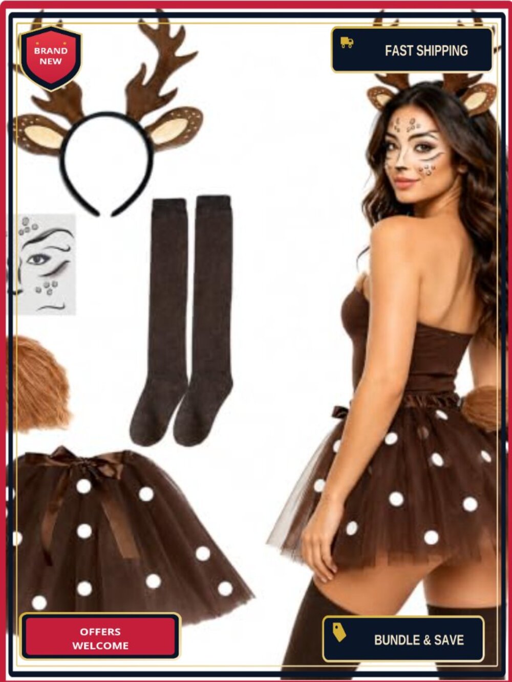 5 Piece Deer Costume Set Antler Headband Socks Tail Women Halloween Cosplay